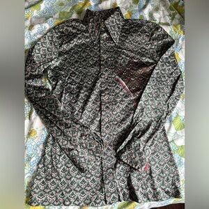 70s Wayne Rogers Shirt Nylon Designer Green Multiprint zipper M Button Vintage